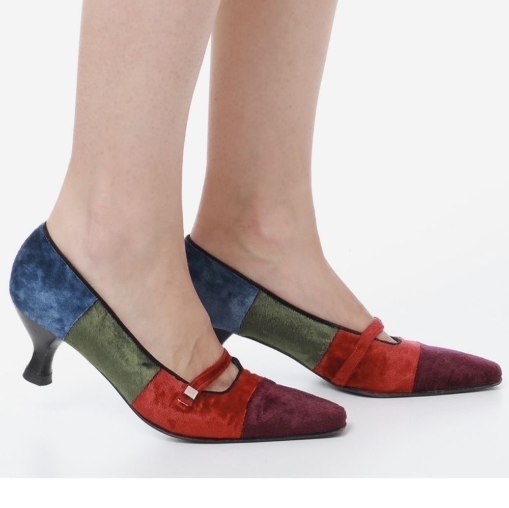 Salvatore Ferragamo Mary Jane Kitten Heels in Velvet Colorblock Size 7.5 - Picture 16 of 16